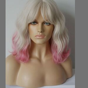Medium Length Layered Curly Wig Synthetic Hair With Bangs  (Blonde Pink)NWT